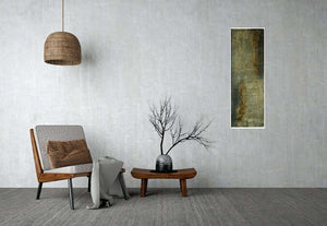 abstract textured painting by Edelgard Schroer displayed in a modern living room with a minimalist design.