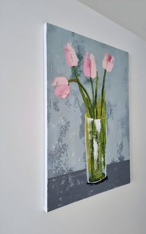 Vase with Pink Tulips – Original Textured Floral Painting by Cinzia Mancini