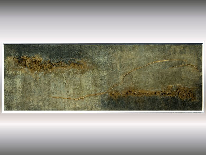 Abstract textured painting titled 'Traces of Time' by Edelgard Schroer with grey, white, and gold tones.