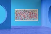 Cherry Red Poppy Meadow Large Textured Floral Art displayed in a contemporary blue art gallery setting.