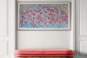 Cherry Red Poppy Meadow Large Textured Floral Art displayed in a contemporary blue art gallery setting.
