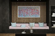 Cherry Red Poppy Meadow Large Textured Floral Art displayed in a modern living room setting with pink sofas.
