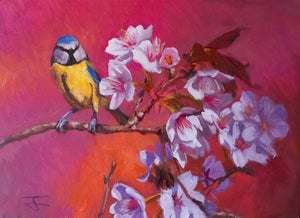Lookout from the Bloom Bluetit Oil Painting