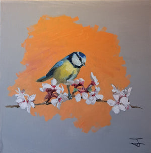 Blue Tit Spring Bloom 001 Oil Painting Original Bird Artwork