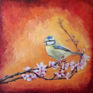 Blue Tit Spring Bloom 002 Oil Painting Original Bird Artwork