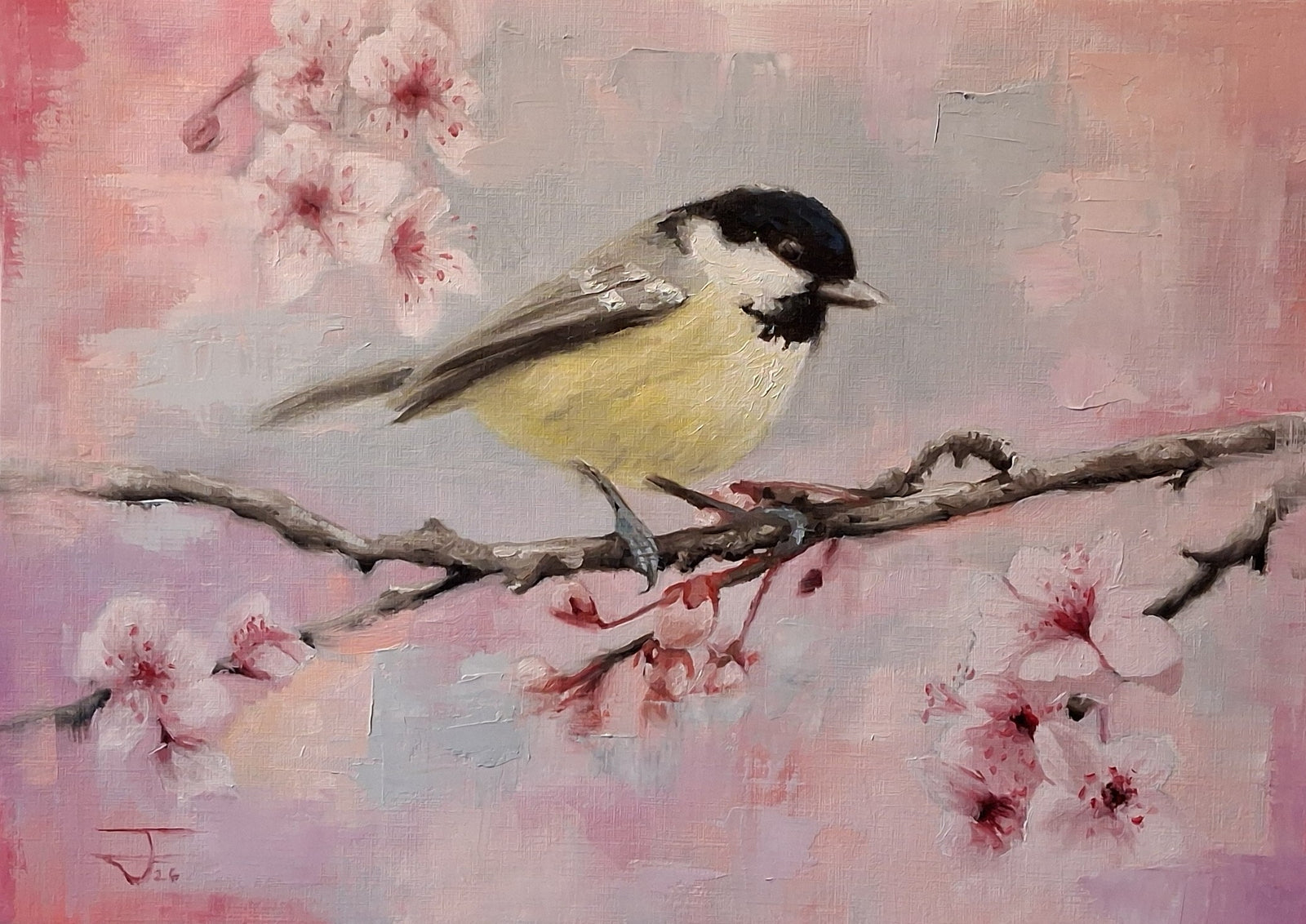 A painted scene of a small bird perched on a branch among pink blossoms, with a soft pink and gray background and visible brushstrokes throughout.