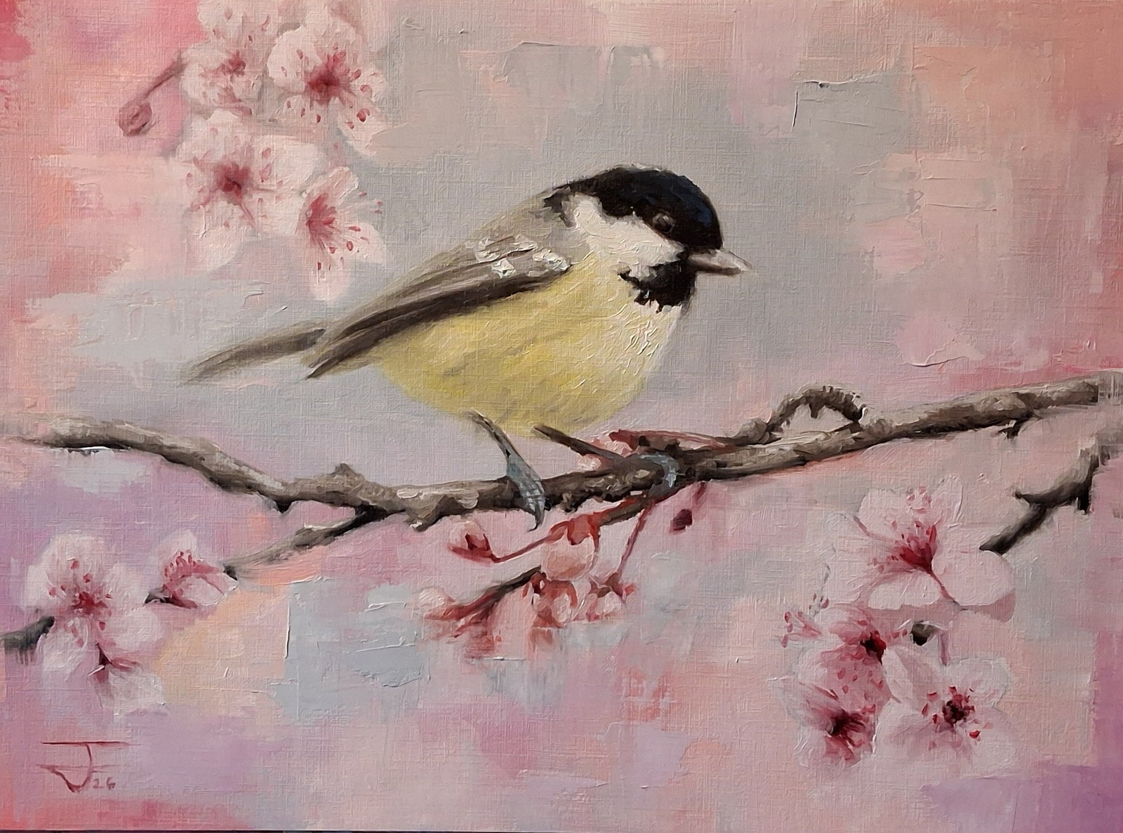 A painted scene of a small bird perched on a branch among pink blossoms, with a soft pink and gray background and visible brushstrokes throughout.