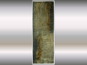 Traces of Time abstract textured painting by Edelgard Schroer in grey, white, and gold with a textured surface.
