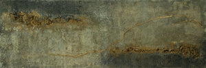 Abstract textured painting in grey, white, and gold by Edelgard Schroer, showcasing a textured surface and organic movement.
