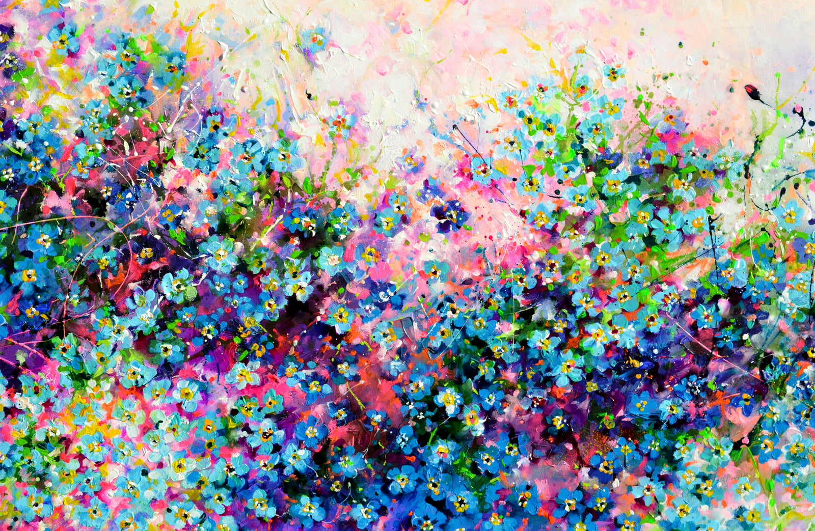 Forget Me Not Flower Painting Sunrise Field Landscape Art showcasing vibrant blue flowers amid a colorful meadow.