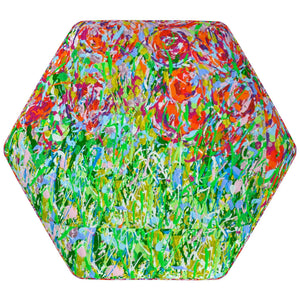 Red Tulip Meadow Hexagonal Designer Footstool by Lesley Blackburn