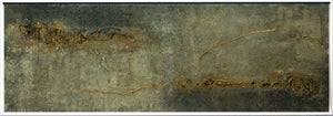 Acrylic painting titled 'Traces of Time' by Edelgard Schroer, showcasing an abstract textured painting in grey, white, and gold.