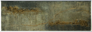 abstract textured painting titled Traces of Time by Edelgard Schroer in grey, white, and gold with organic movement.
