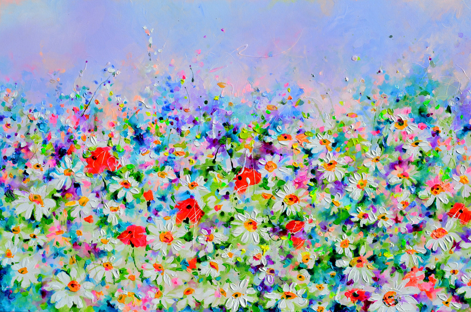 White Daisy and Red Poppy Field Floral Canvas Art showcasing vibrant flowers in a blooming meadow.