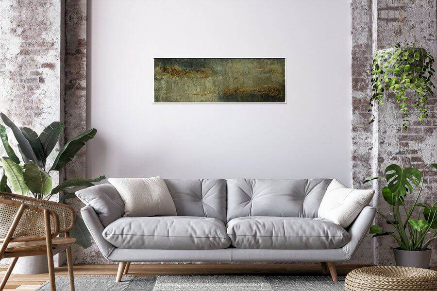 Abstract textured painting titled 'Traces of Time' by Edelgard Schroer with grey, white, and gold tones.