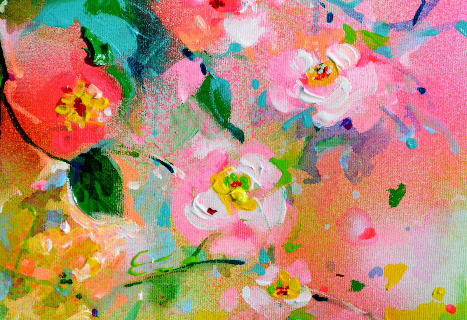 Pink and Red Camellias Field Floral Canvas Painting