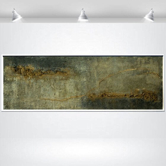 Traces of Time, an abstract textured painting in grey, white, and gold featuring a strong textured surface.