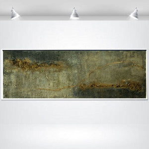 Traces of Time, an abstract textured painting in grey, white, and gold featuring a strong textured surface.