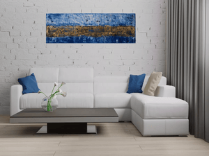 Silent Gilding – Original Gold and Blue Abstract Painting by Edelgard Schroer