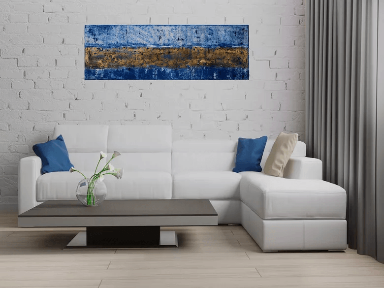 Silent Gilding – Original Gold and Blue Abstract Painting by Edelgard Schroer