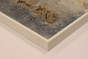 Detail of "Traces of Time" abstract textured painting by Edelgard Schroer, featuring a grey, white, and gold color palette.