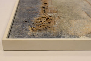 Detail of Traces of Time, an abstract textured painting in grey, white, and gold by Edelgard Schroer.