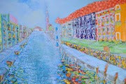 Murano Venice Panoramic Impressionist Cityscape depicting vibrant buildings and waterways in colorful detail.