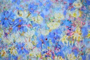 Violets and Peonies Large Textured Floral Oil Painting features vibrant colors and expressive textures capturing lush floral beauty.