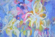 Violets and Peonies Large Textured Floral Oil Painting featuring vibrant colors and expressive textures.
