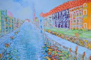 Murano Venice Panoramic Impressionist Cityscape depicting vibrant buildings along the waterway, showcasing the artistic essence of Murano.