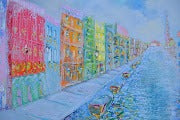 Murano Venice Panoramic Impressionist Cityscape showcasing colorful buildings along a serene canal in Venice.