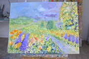 Tuscan Hills Impressionist Landscape Painting showcasing vibrant wildflowers and rolling hills.
