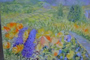 Tuscan Hills Impressionist Landscape Painting featuring vibrant flowers and rolling hills in an expressive style.