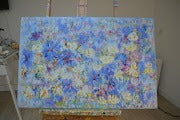 Violets and Peonies Large Textured Floral Oil Painting showcasing vibrant blues and yellows in an impressionistic style.