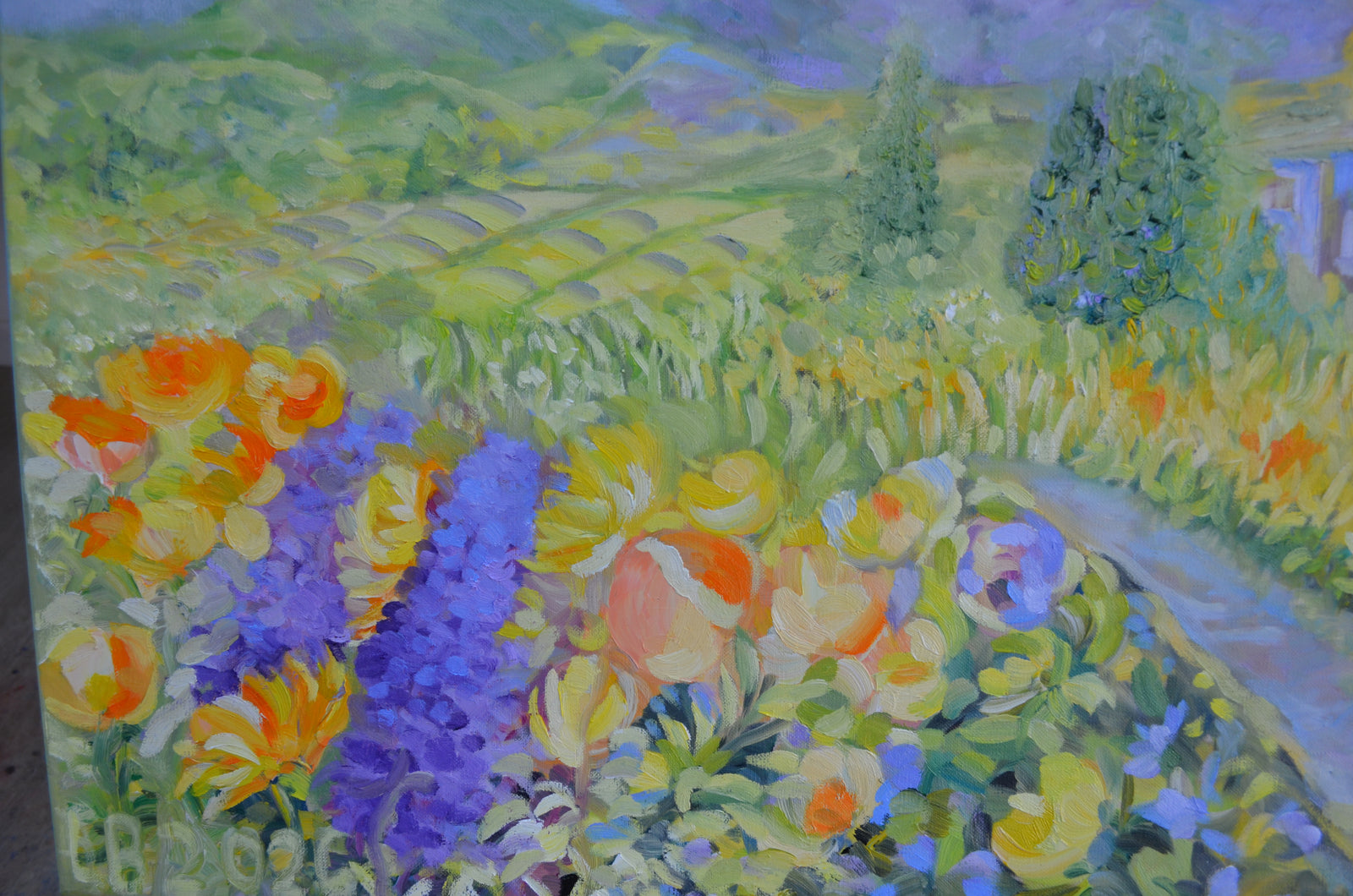 Tuscan Hills Impressionist Landscape Painting showcasing vibrant flowers and rolling hills in a colorful oil painting.