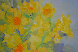 Daffodils in Blue Jug Floral Still Life – Impressionistic Oil Painting featuring vibrant yellow daffodils.