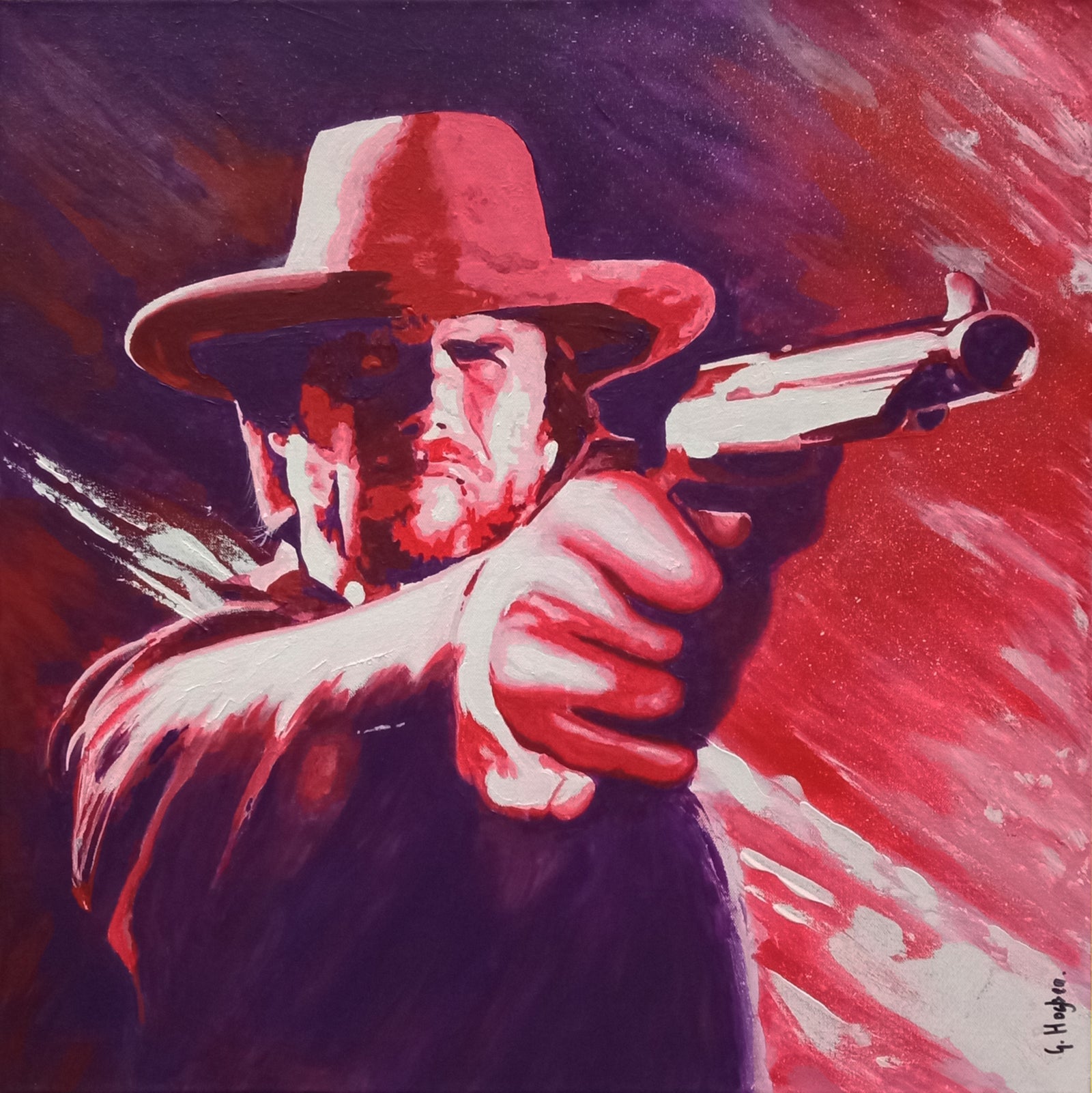 Clint Eastwood Mixed Media Portrait Art showcasing a bold interpretation of the iconic actor holding a gun.