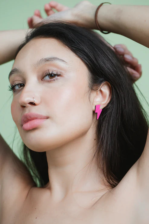 Small Lightning Bolt Studs Neon Pink Leather