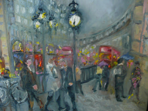 Piccadilly Circus original impressionistic London painting showcasing vibrant city energy and historic architecture.