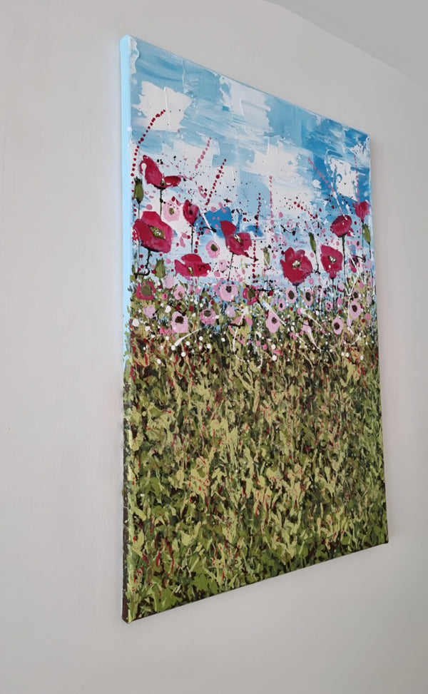 Dorset Poppy Fields – Original Textured Floral Landscape Painting by Cinzia Mancini