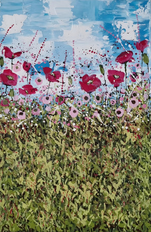 Dorset Poppy Fields – Original Textured Floral Landscape Painting by Cinzia Mancini