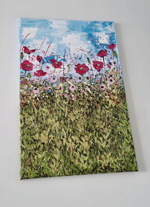 Dorset Poppy Fields – Original Textured Floral Landscape Painting by Cinzia Mancini