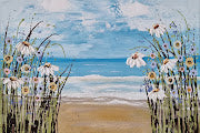 Daisies at the Beach – Original Textured Seascape Painting by Cinzia Mancini