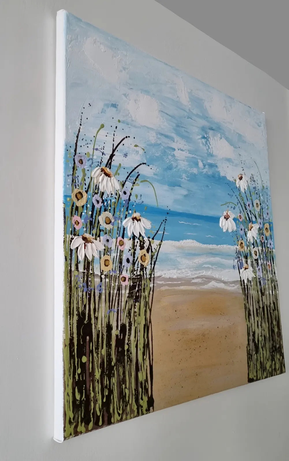 Daisies at the Beach – Original Textured Seascape Painting by Cinzia Mancini