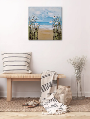 Daisies at the Beach – Original Textured Seascape Painting by Cinzia Mancini