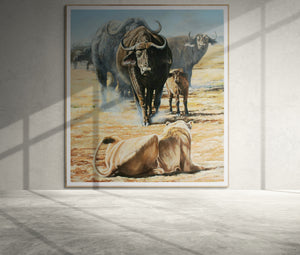 Vanguard | African Buffalo and Lioness Oil Painting by Jeff Cain
