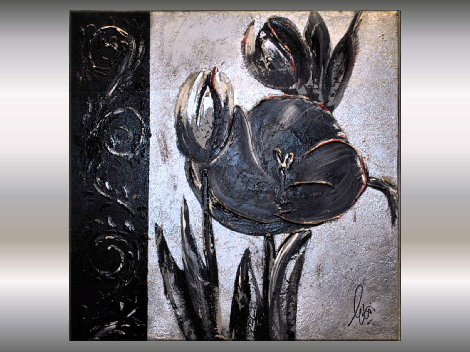 Black and Silver Floral Painting – Textured Contemporary Art | Bloom of Noir