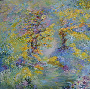 Bluebell Woodland Landscape Painting – a vibrant pathway through colorful foliage and blooming flowers.