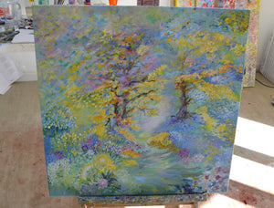 Bluebell Woodland Landscape Painting showcasing a vibrant bluebell scene with colorful trees and flowers.