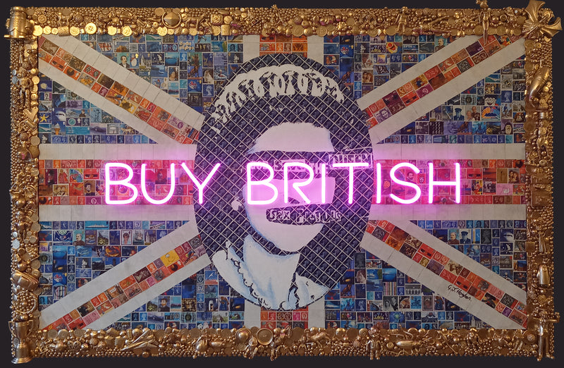 Buy British - Mixed Media Stamp Statement Artwork featuring a neon sign on a collage of British postage stamps.
